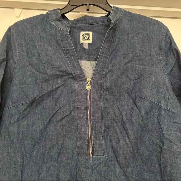 Anne Klein Zippered-Neck Tab-Cuff Denim Shift Dress Size 8 - Picture 8 of 10